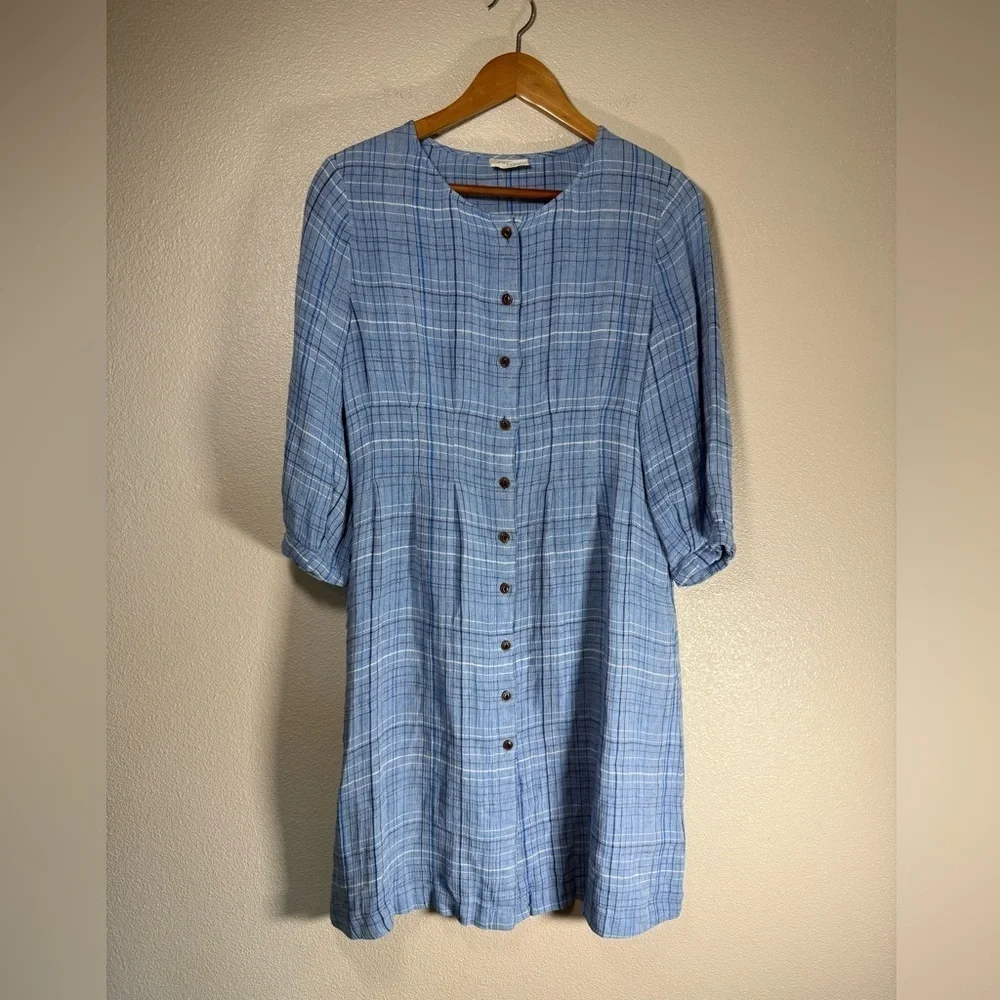 Poetry CHECKED DRESS High-twist linen Ocean Blue US 6 - Picture 3 of 10